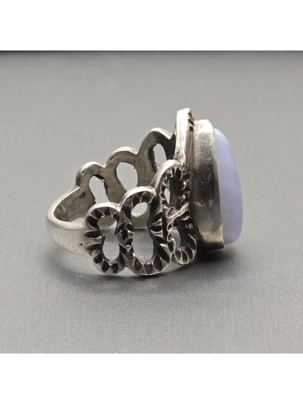 Vintage Sterling Silver Blue Lace Agate Ring Size 6.5 Brutalist Open Link Band - Picture 6 of 13